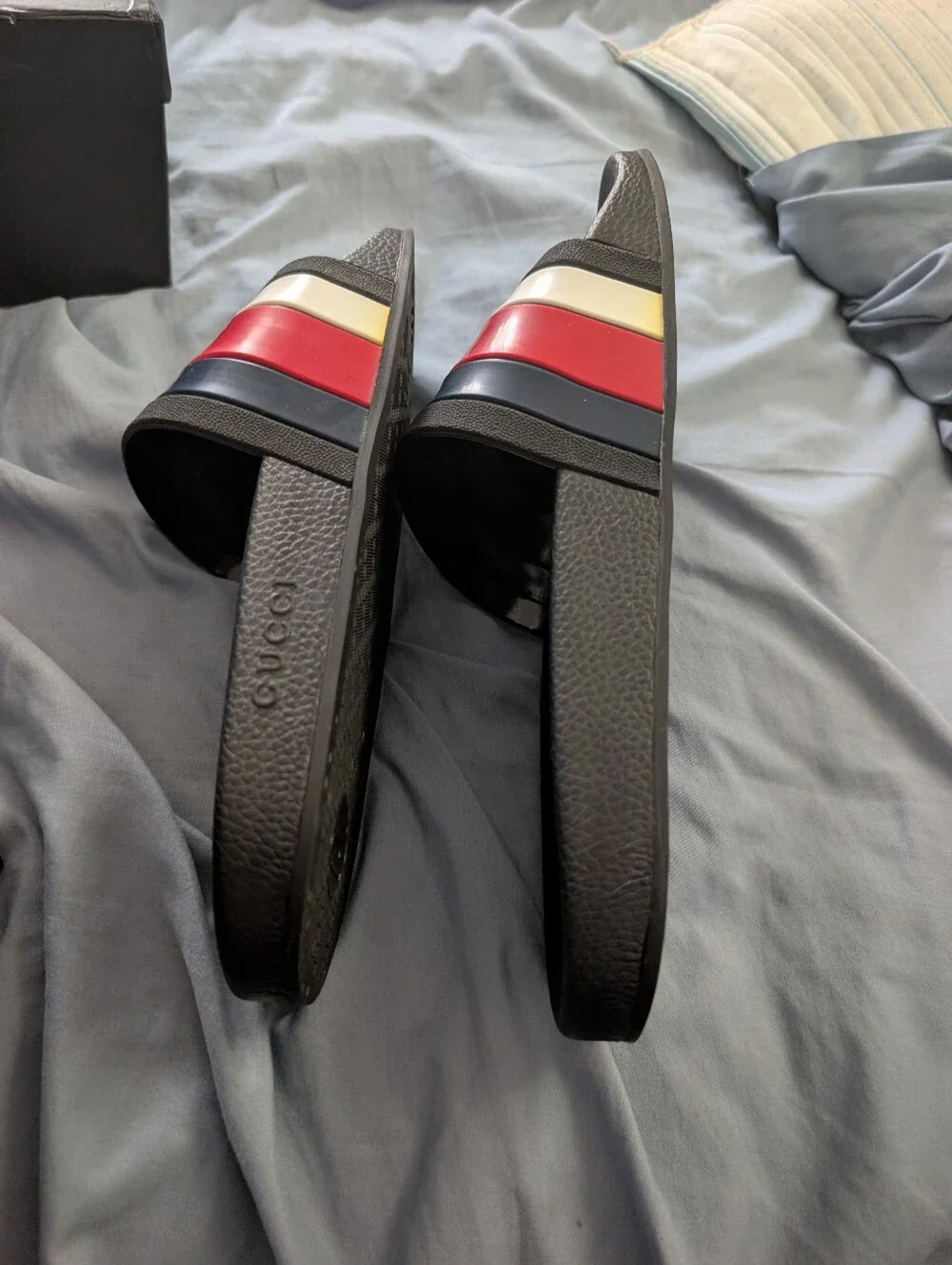 Gucci Men’s Black Slide Sandals with Red White And Blue Stripe